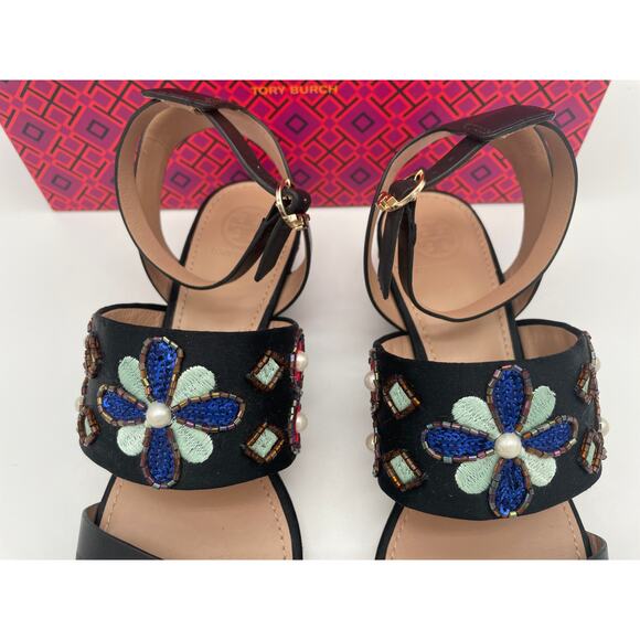 TORY BURCH BEADED BLACK WEDGE SANDALS ANKLE STRAP 7! - Picture 6 of 11